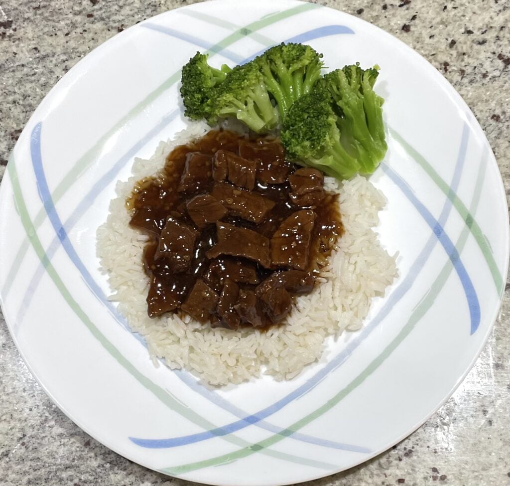 Mongolian Beef on rice with broccoli