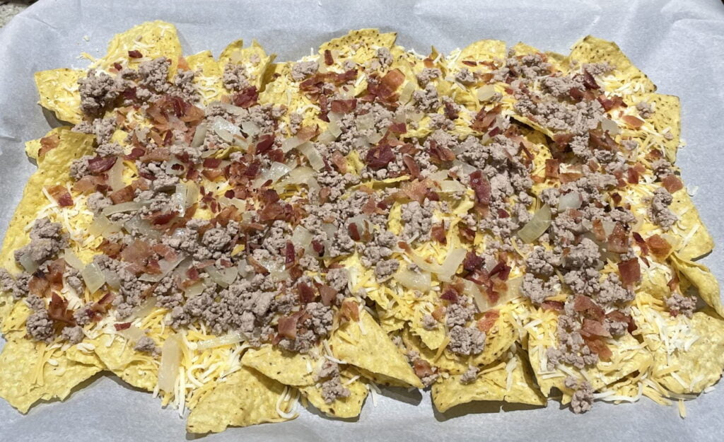 chips, chips, meat, and bacon